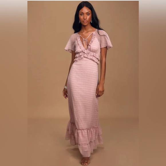 Sweetest Delight Mauve Plaid Ruffled Short Sleeve Maxi Dress - Picture 1 of 7